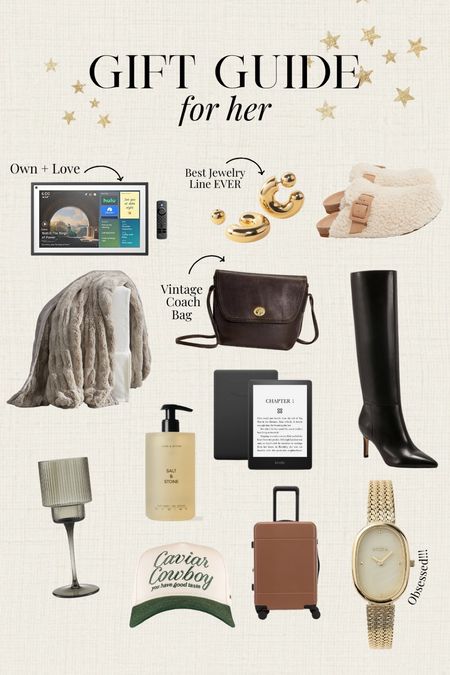 Gift guide for her! 

For girlfriends, wife, best friend, co worker, gals 

Amazon echo show, Jenny bird earrings, sherpa slippers, pottery barn throw blanket, coach vintage purse, Marc fisher boots, Amazon kindle, wine glasses, hand soap, luggage, watch, 

Holiday gifts, Christmas gift ideas 

#LTKCyberWeek #LTKGiftGuide #LTKHoliday