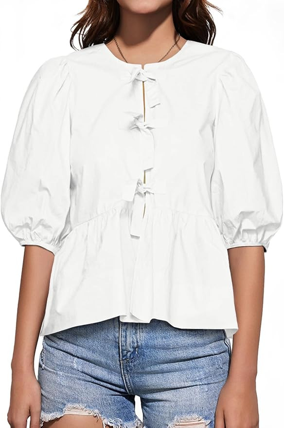 Tankaneo Womens Tie Front Tops Summer Peplum Babydoll Puff Short Sleeve Blouse Cute Cotton Shirts | Amazon (US)