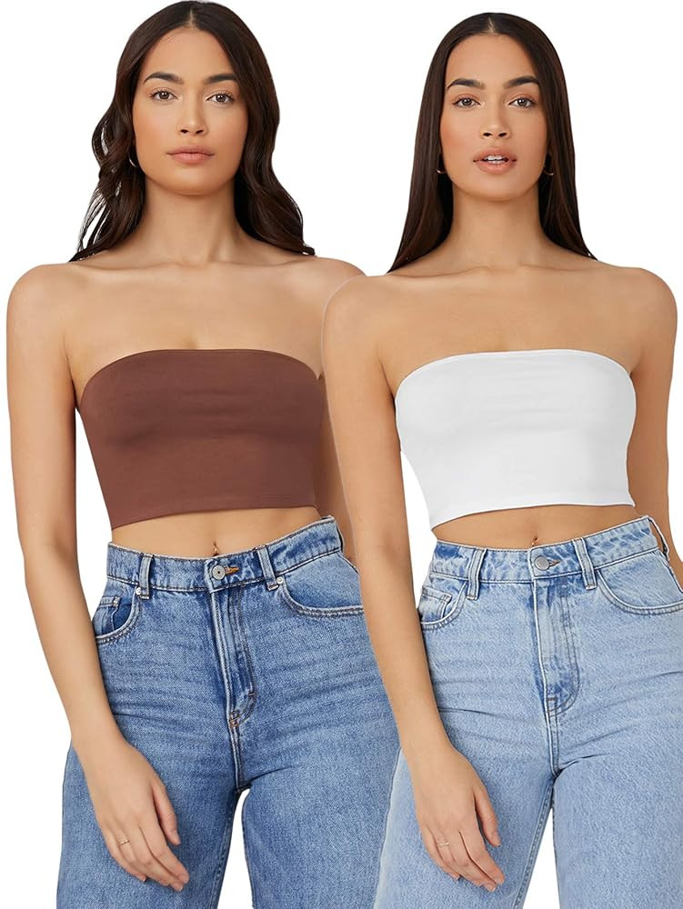 MakeMeChic Women's 2packs Strapless Crop Tube Top Solid Basic Bandeau | Amazon (US)