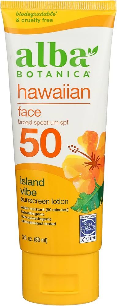 Alba Botanica, Sunscreen Face Lotion Hawaiian SPF50, 3 Fl Oz | Amazon (US)