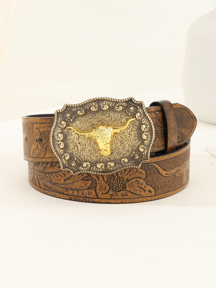 1pc Women Cattle Head Decor Geo Buckle Vintage Belt For Daily Life | SHEIN