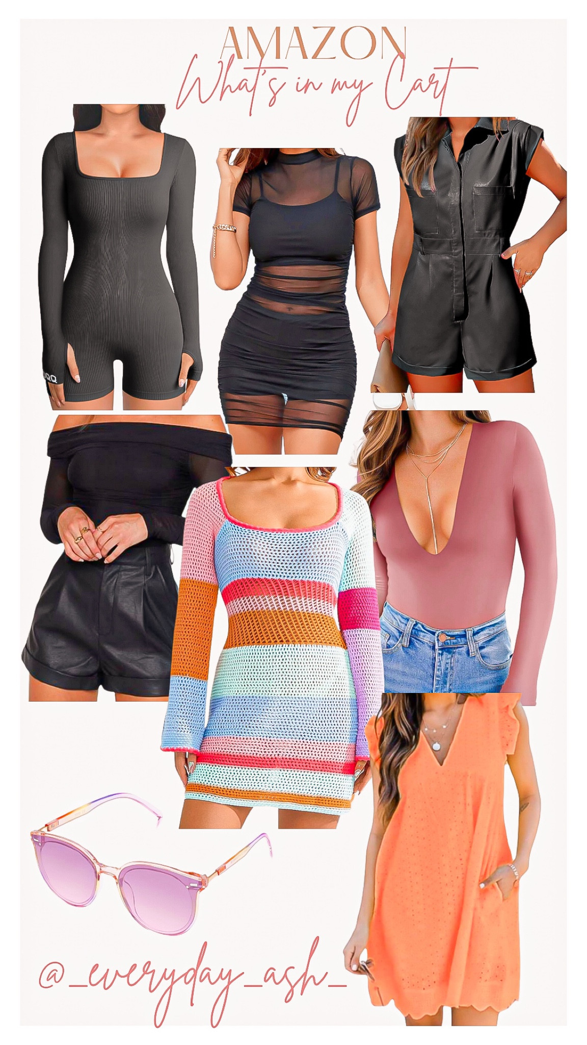 Current Amazon cart 🛒 

These finds are too cute - great for traveling, beach vacation, girls night out, date night and so much more 

Amazon finds, black one piece, romper, sheer dress, black leather romper, off shoulder top, bodysuit , pink bodysuit, mauve bodysuit, beach cover up , crochet dress, orange dress, spring fashion, purple sunglasses 

#LTKstyletip #LTKtravel #LTKfindsunder50