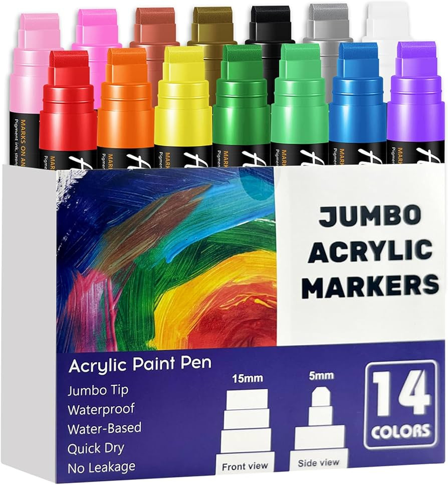 14 Colors Jumbo Markers, Jumbo Acrylic Paint Markers 15mm Wide Felt Tip Permanent Ink Pens for Po... | Amazon (US)