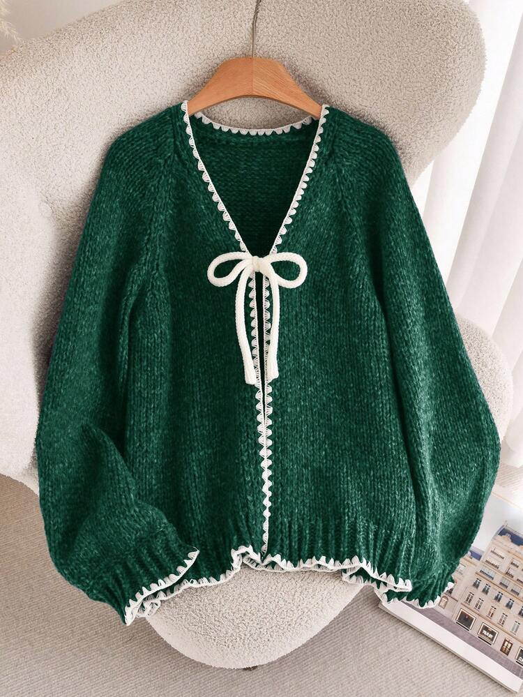 CosyJoli Plus Size Casual Sweater With Tie Bow Contrast Trim Cardigan In Fall/Winter Green | SHEIN
