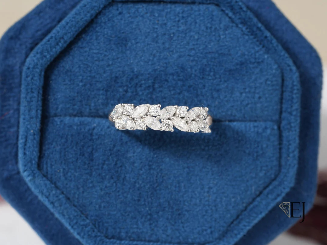 Half Eternity Marquise Wedding Band Marquise and Round Moissanite Band Stacking Ring 14K Solid Go... | Etsy (US)