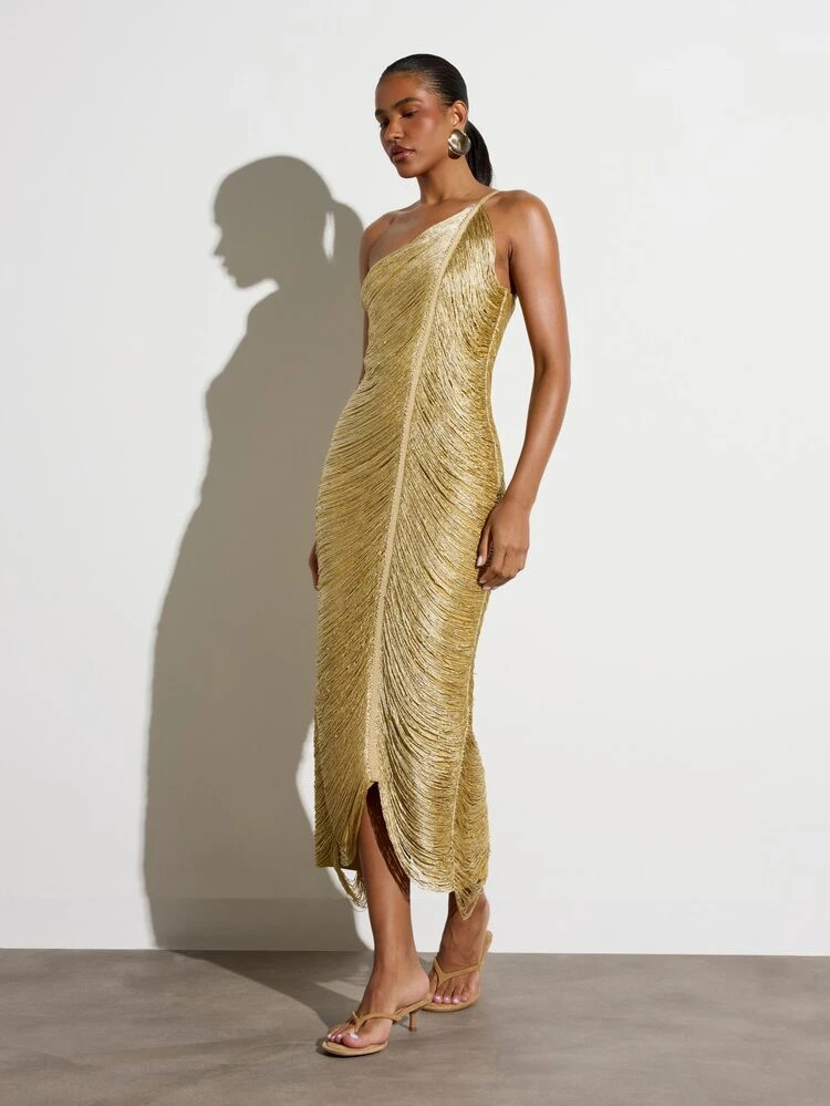 KSTM One-Shoulder Metallic Gold Fringe Midi Dress Bodycon Asymmetric Evening Party Glamour Holida... | SHEIN
