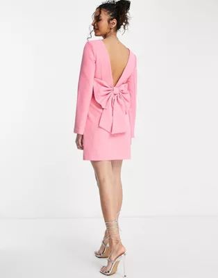 Ever New bow back fluted sleeve mini dress in pink | ASOS (Global)