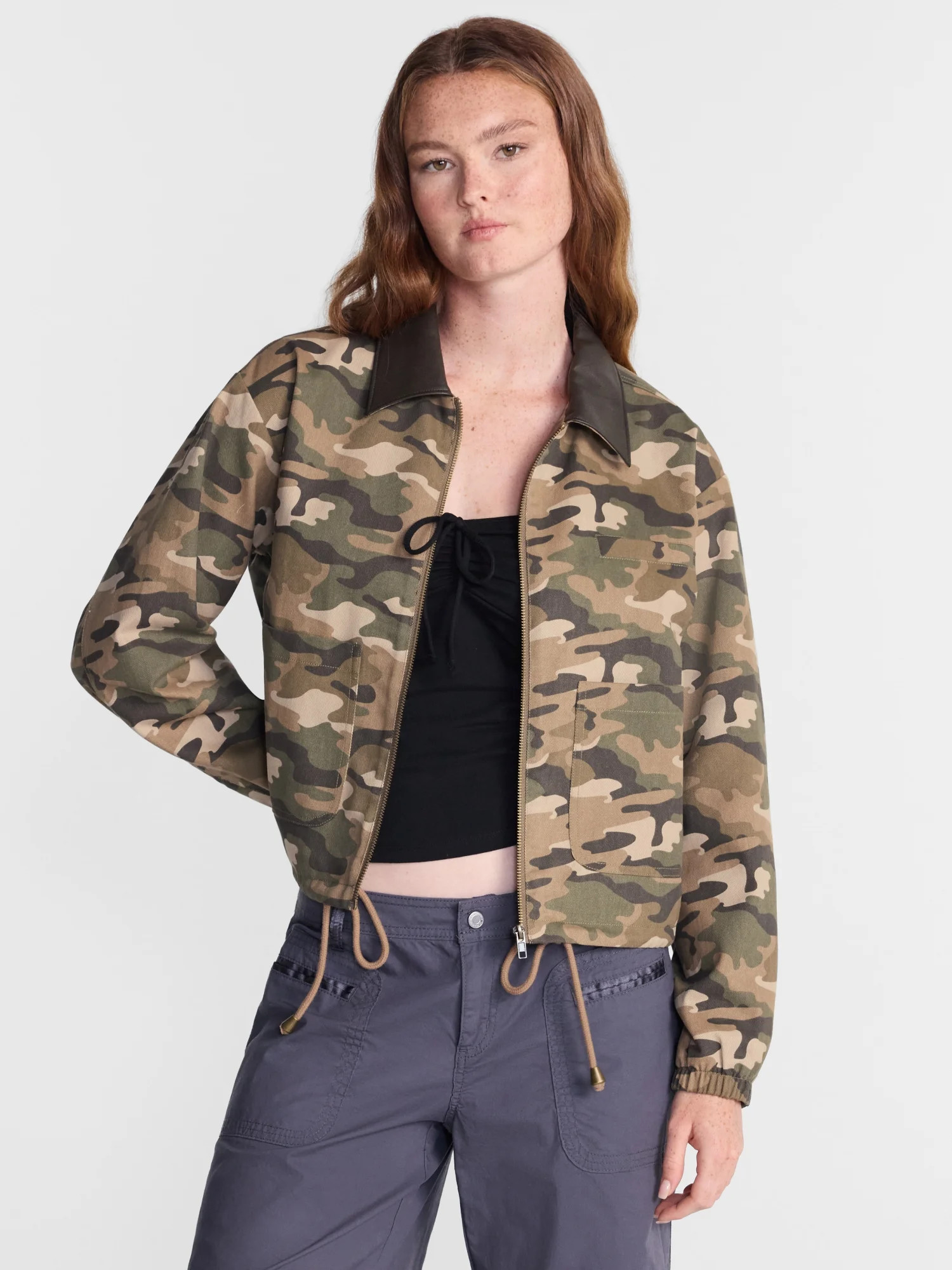 No Boundaries Cotton Twill Barn Jacket with Faux Leather Collar, Women's XXS-4X | Walmart (US)