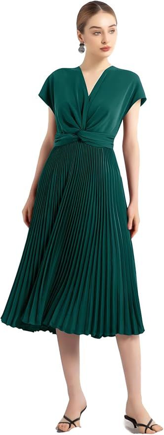 Women V Neck Twist Front Short Sleeves A-line Pleated Evening Cocktail Midi Dress | Amazon (US)
