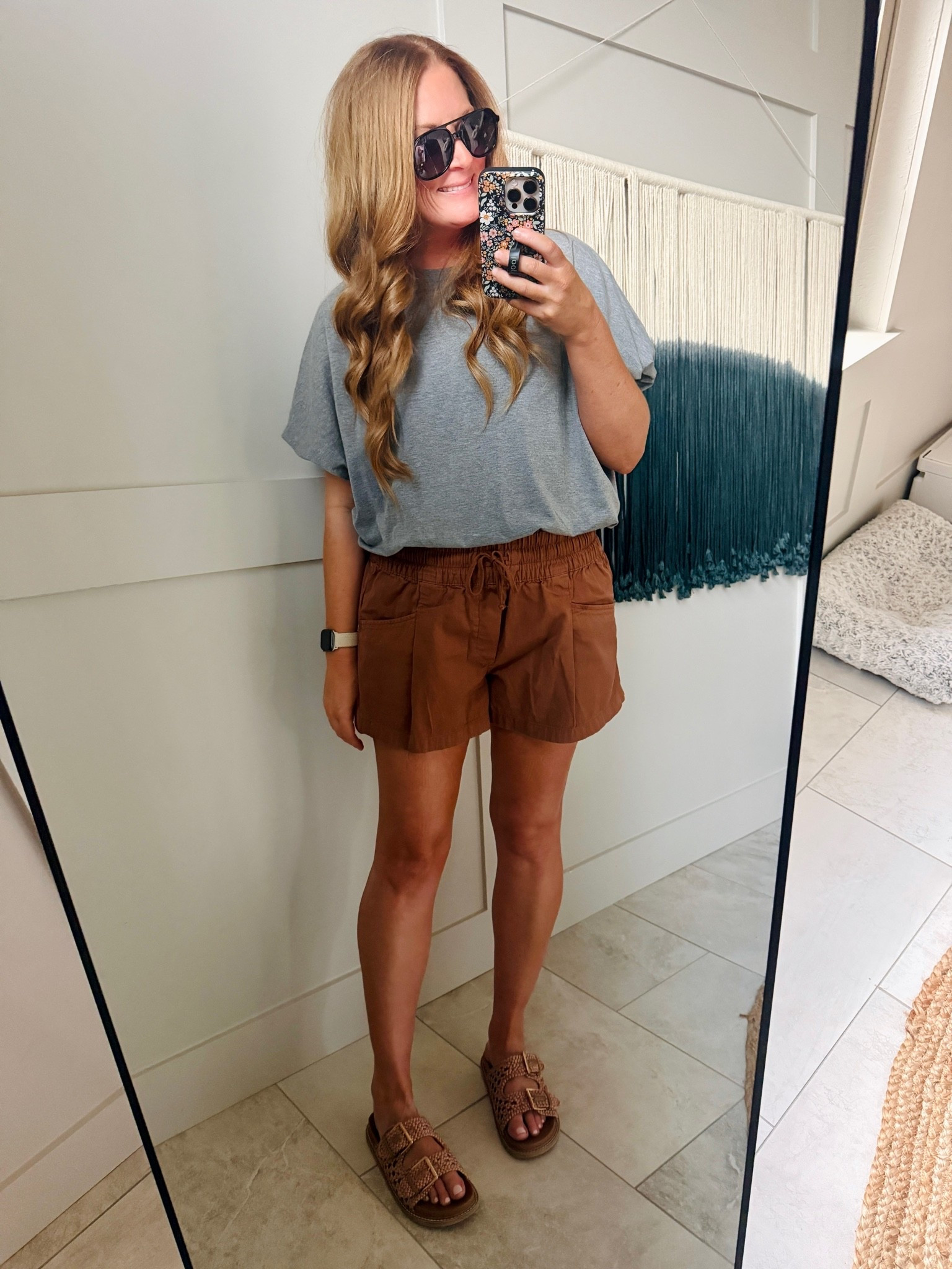 Here are those aerie drawstring shorts in a camel brown! Wearing my normal M, I would say they are forgiving so you could size down.

This bubble hem tee from Amazon is cute with high waisted shorts or pants- but I wish I would have sized up because it's a little short!