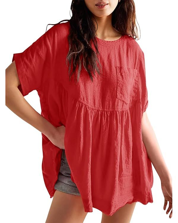 Tankaneo Womens Summer Babydoll Tops Casual Loose Fit Peplum Oversized Tunic Shirts | Amazon (US)
