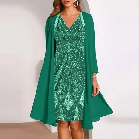 Tking Fashion Womens 2023 Summer Casual Elegant Solid Sundress Long Sleeve V-Neck Midi Two Piece Seq | Walmart (US)