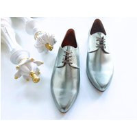 Metallic Vegan Leather Oxford Shoes Women, Wedding Flats For Modern Bride, Silver Pointy-Toe Tie-Up Oxfords, Contemporary Chic | Etsy (US)