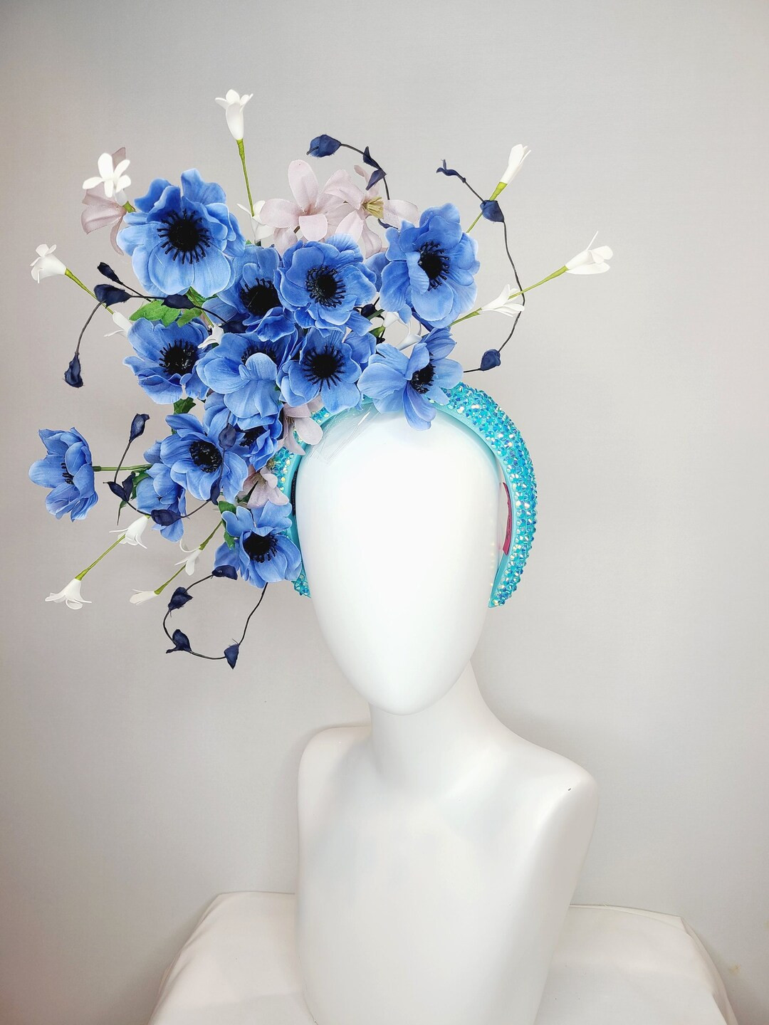 Kentucky Derby Hat Fascinator Light Blue Swarovski Crystal Headband With Perwinkle Blue Black Pop... | Etsy (US)