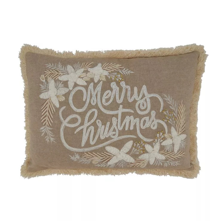 Saro Lifestyle Embroidered Merry Christmas Pillow - Poly Filled, 14"x20" Oblong, Natural | Target