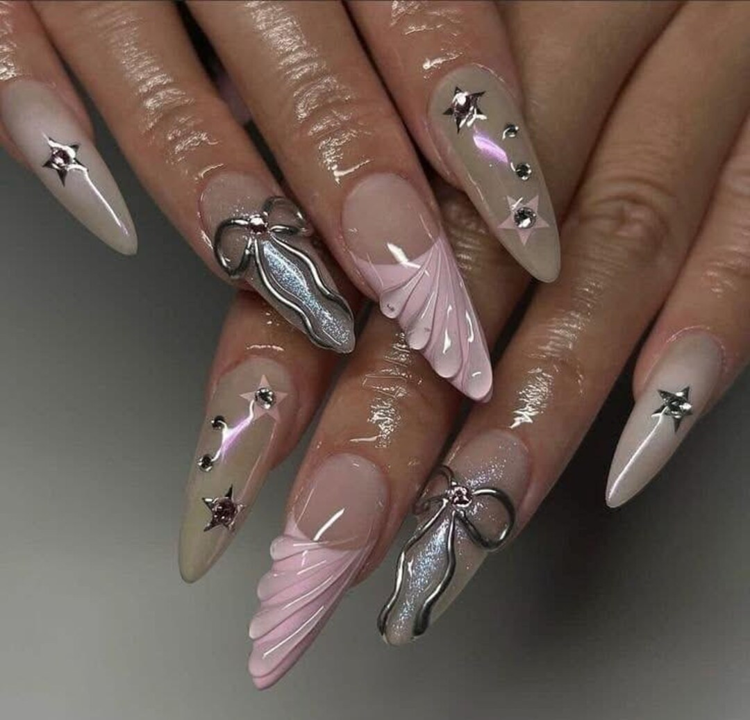 Silver Chrome Press On Nails: 3D Gel Ribbon Design, Long Almond, Reusable | Etsy (US)