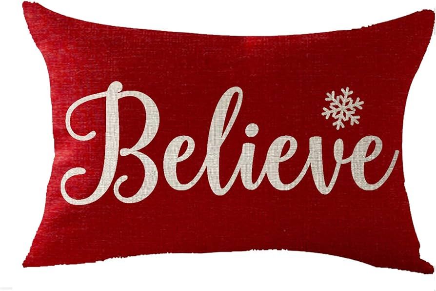 FELENIW Happy Winter Snowflakes Believe Merry Christmas Throw Pillow Cover Cushion Case Cotton Li... | Amazon (US)