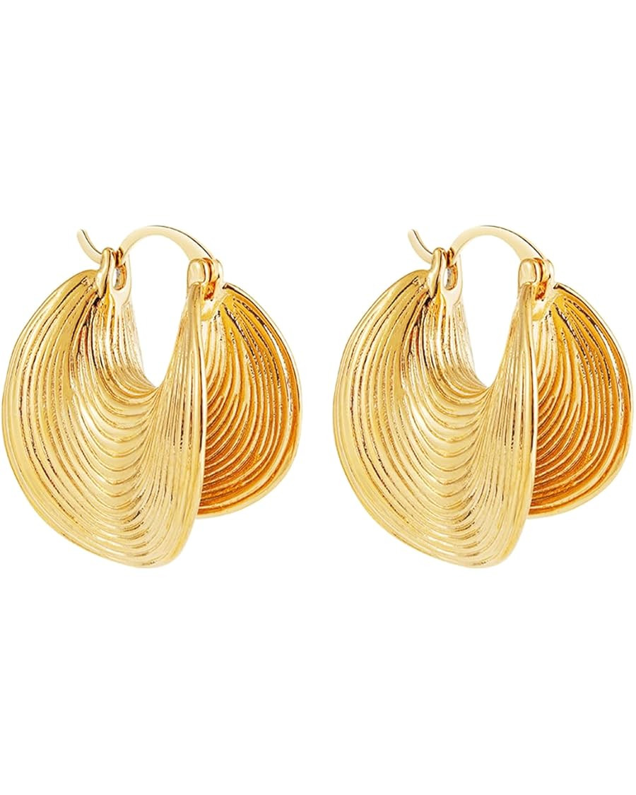 Chunky Geometric Hoop Huggie Earrings,Vintage Delicate Plated Gold Texture Statement Earrings,Aes... | Amazon (US)