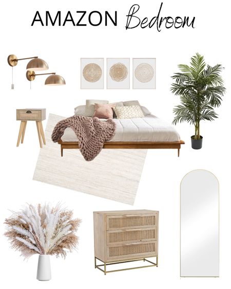 Bedroom furniture and decor, area rug, bed frame, wall lamps, wall art, night stand, arched floor mirror, rattan dresser, golden cane palm tree, white vase, dried pampas grass, white duvet cover, chunky knit blanket, accent pillows 

#LTKSeasonal #LTKhome #LTKstyletip