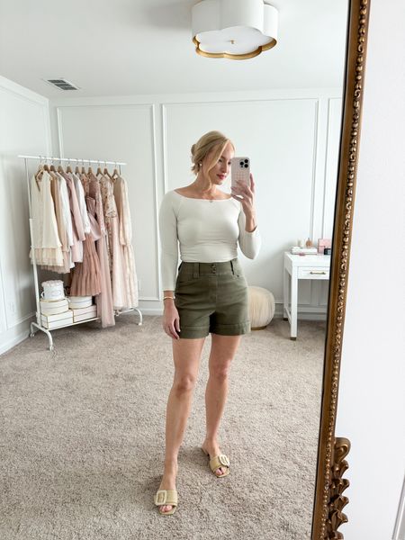 The Spanx Stretch Twill Trouser shorts in Olive color! I have them paired with a Spanx bodysuit for a cute daytime outfit. Wearing size medium in the bodysuit and size small in the shorts. Use my code EARLYSUMMER for up to 40% off on select shorts, dresses, and bodysuits through Sunday, May 19th. Summer outfits // Spanx outfits // summer shorts // Spanx shorts // Spanx bodysuits // daytime outfits // lunch outfits // workwear // Spanx fashion // Spanx sale 

#LTKStyleTip #LTKSaleAlert #LTKSeasonal