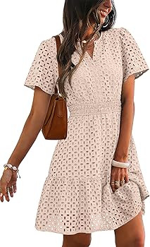 RUMIA Womens Dresses 2026 Summer V Neck Eyelet Lace A Line Short Dress | Amazon (US)