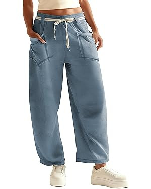 Womens Barrel Pants Wide Leg Drawstring Sweatpant Casual Baggy Palazzo Pants with Pockets | Amazon (US)