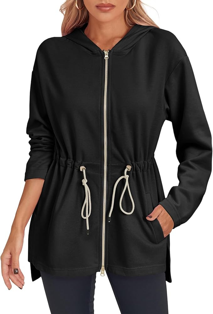 Fisoew Women's Zip Up Hoodie Sweatshirts Oversized Long Sleeve Casual Drawstring Waist Side Slit ... | Amazon (US)