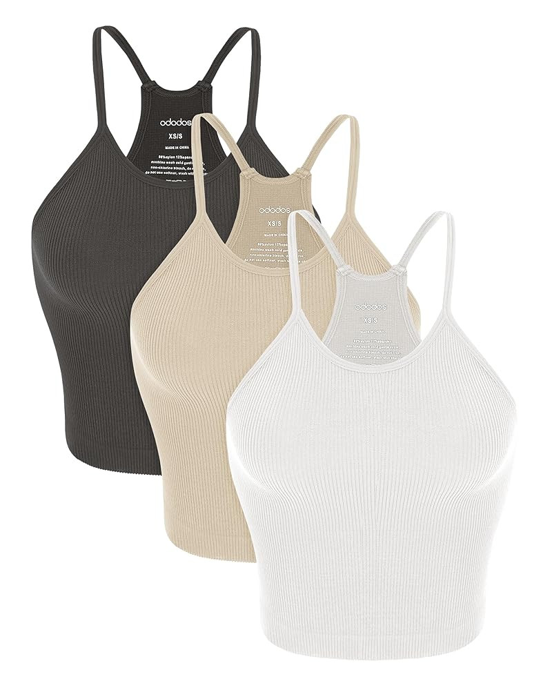 ODODOS Women's Crop 3-Pack Seamless Rib-Knit Camisole Crop Tank Tops | Amazon (US)