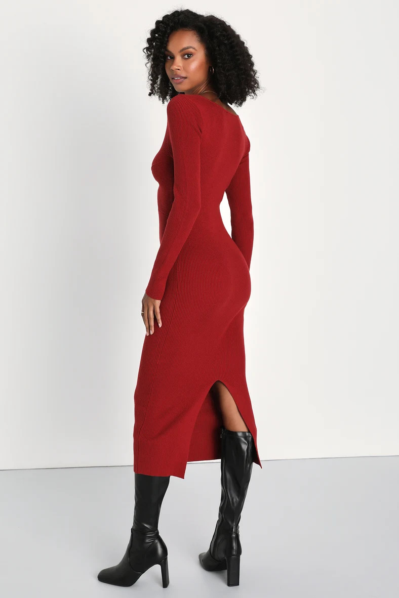 Autumn Love Rust Red Twist-Front Long Sleeve Midi Sweater Dress | Lulus (US)