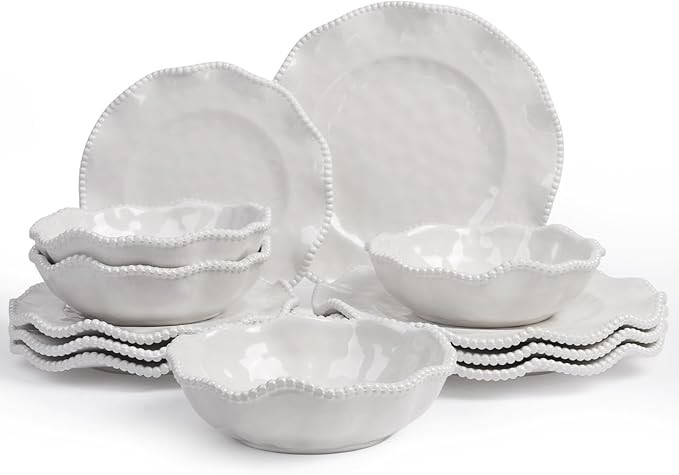 Cream Beaded 12-Piece Dinnerware with Plates and Bowls & Bowls Sets, Unbreakable Melamine Dinnerw... | Amazon (US)