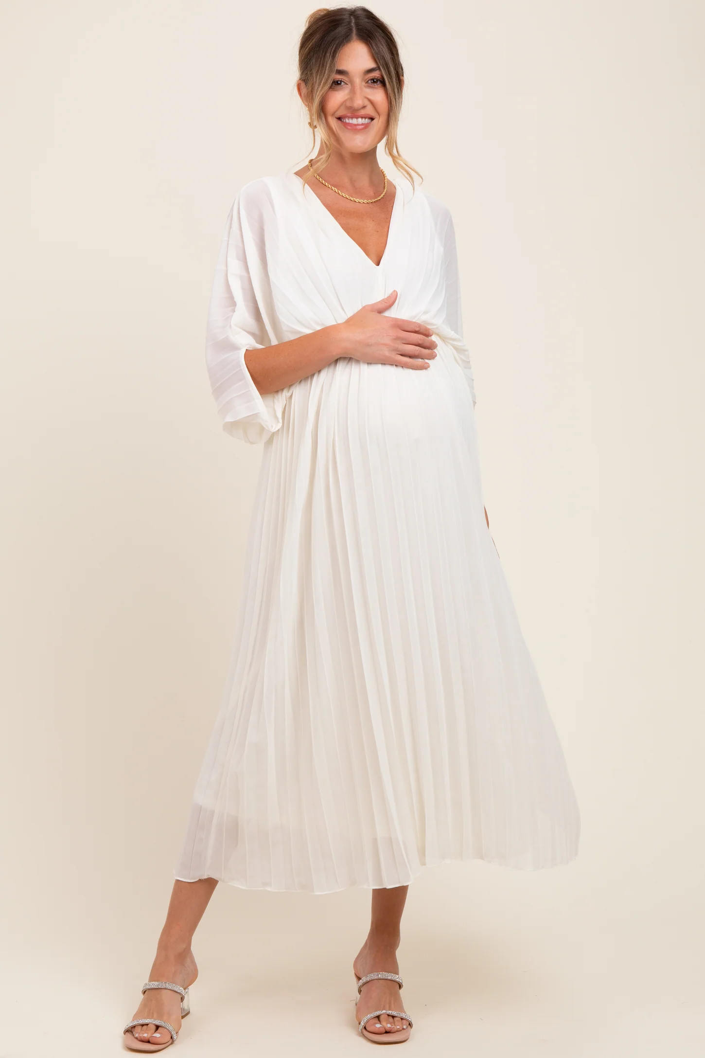 Cream Pleated V Neck Maternity Maxi Dress | PinkBlush Maternity