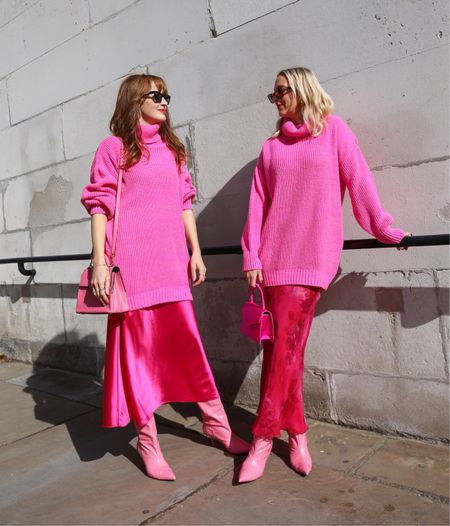 Top to toe pink tonal outfits- oversize pink jumper, pink midi bias satin skirt and pink knee high boots 

#LTKshoecrush #LTKeurope #LTKunder100