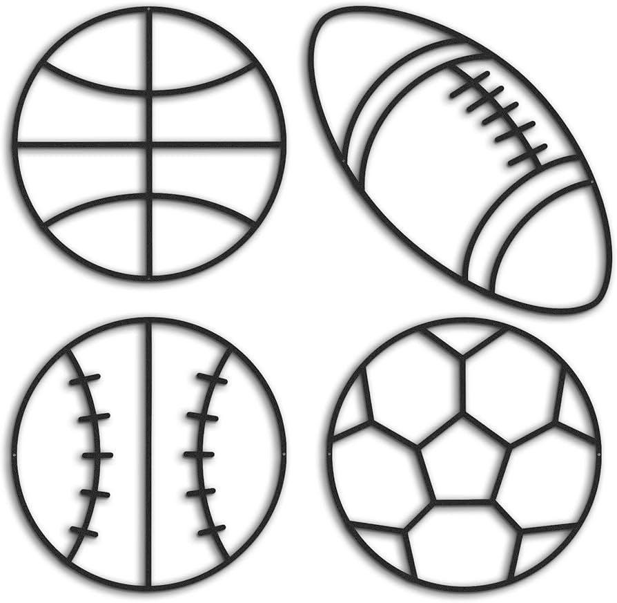 4 Packs Metal Sports Sign Modern Soccer Wall Art Decor Black Basketball Baseball Football Hanging... | Amazon (US)