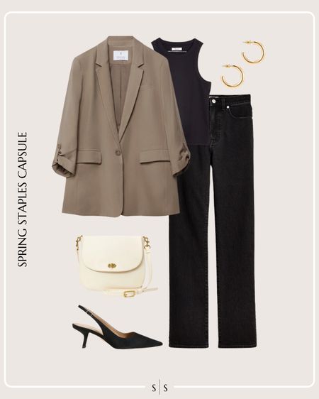 Spring Staples Capsule Wardrobe outfit idea | oversized blazer, tank, black denim, sling back heeled pumps, classic bag, gold jewelry hoops 

See the entire staples capsule on thesarahstories.com ✨ 


#LTKstyletip