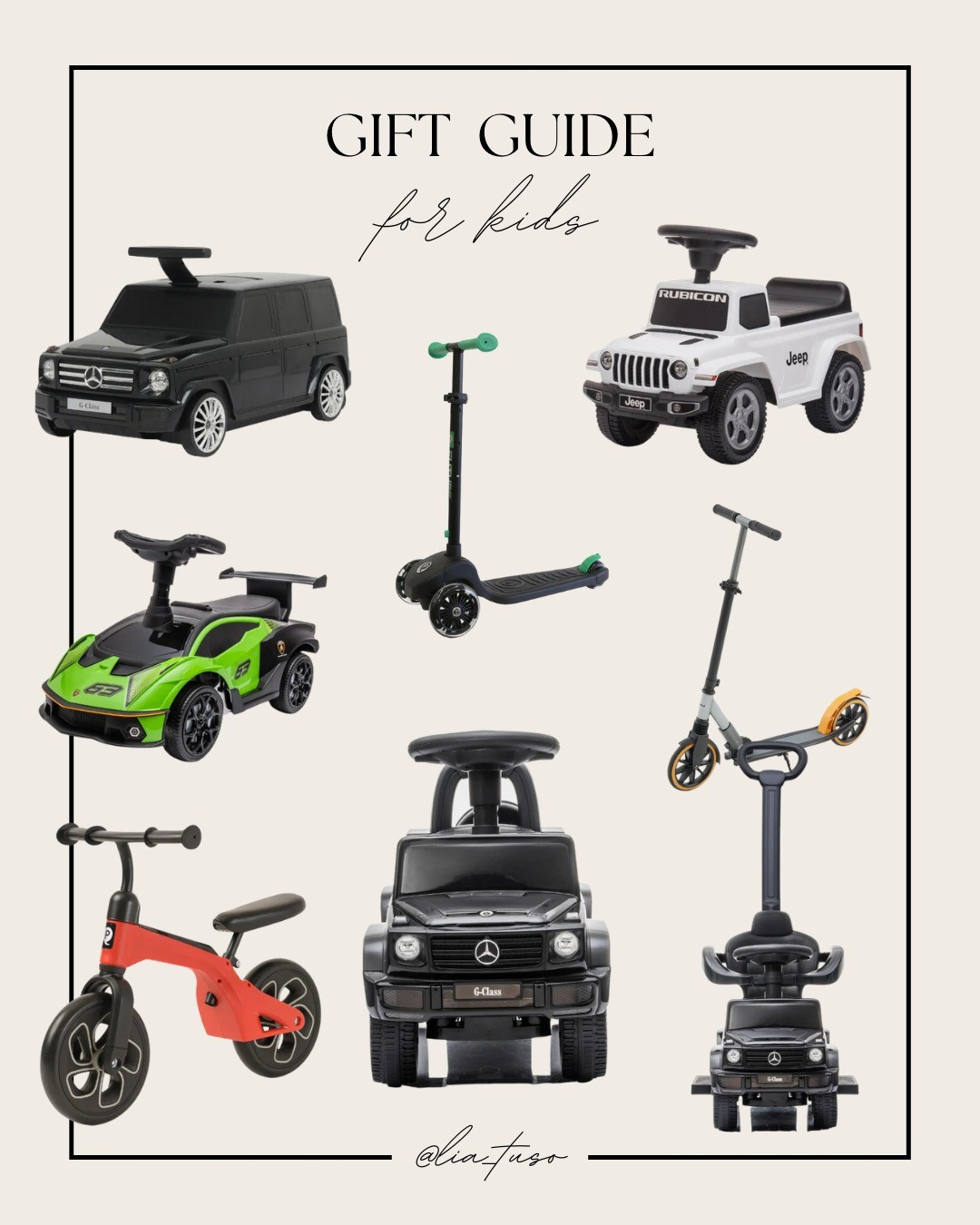 Stuck on what to get the little ones this year? 🎁 Check out my top picks for kids’ gifts. | QPlay Balance Bike, QPlay Future LED Light Scooter, Kids' Mercedes G-Wagon Push Car, Kids' McLaren Scooter, Best Ride-On Cars Mercedes G-Wagon 3-in-1 Push Car, Lamborghini SCV Push Car, Jeep Gladiator Push Car, Mercedes G-Glass Rolling Ride-On Suitcase#GiftGuideForKids #KidsGifts #HolidayGifts

#LTKKids #LTKHoliday #LTKGiftGuide
