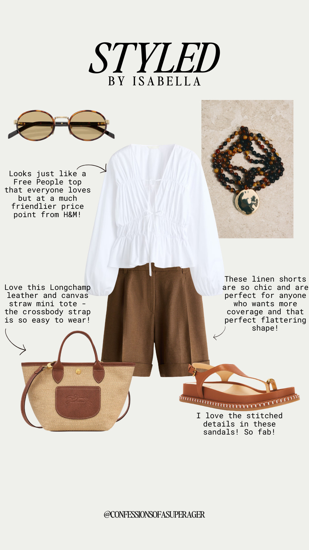 Effortless Spring style with timeless pieces ☀️ This chic warm-weather outfit features a breezy white peasant blouse, flattering linen shorts, classic leather sandals, and a woven straw mini tote for that elevated coastal look. I love pairing neutral summer staples with statement accessories like round sunglasses and a layered pendant necklace for an easy everyday outfit that works for vacation, brunch, errands, or travel days. If you’re searching for linen outfit ideas, resort wear, coastal chic style, or affordable designer-inspired spring/summer fashion, everything is linked on my LTK. #SummerStyle #LinenOutfit #CoastalChic #ResortWear #VacationStyle #NeutralOutfit #EffortlessStyle #DesignerInspired #LTKStyle #ConfessionsOfASuperager 

 

#LTKSpringSale #LTKootd #LTKOver40