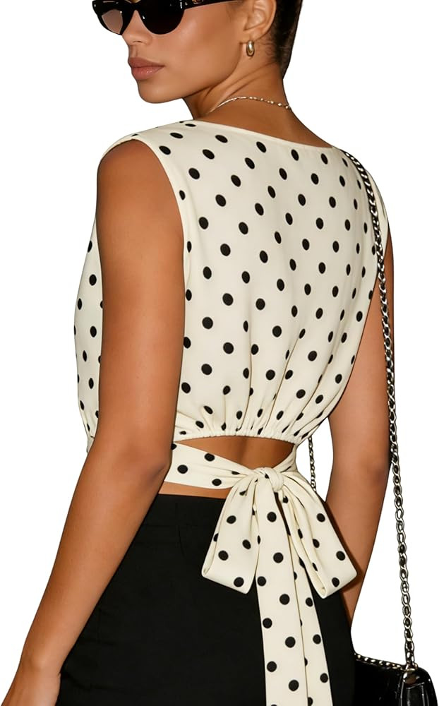 Omoone Women's Polka Dot Sleeveless Boat Neck Crop Top Tie Back Bow Blouse Summer Casual Shirt | Amazon (US)
