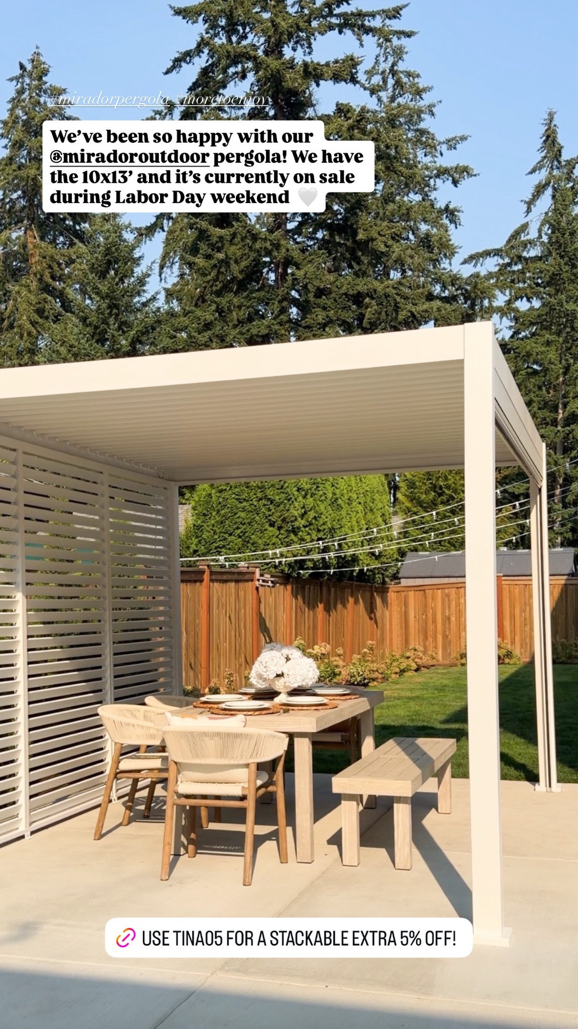 We've been so happy with our Mirador outdoor pergola! We have the 10x13' and it's currently on sale during Labor Day weekend! USE TINA05 FOR A STACKABLE EXTRA 5% OFF!

#LTKsummer #LTKhome #LTKsale