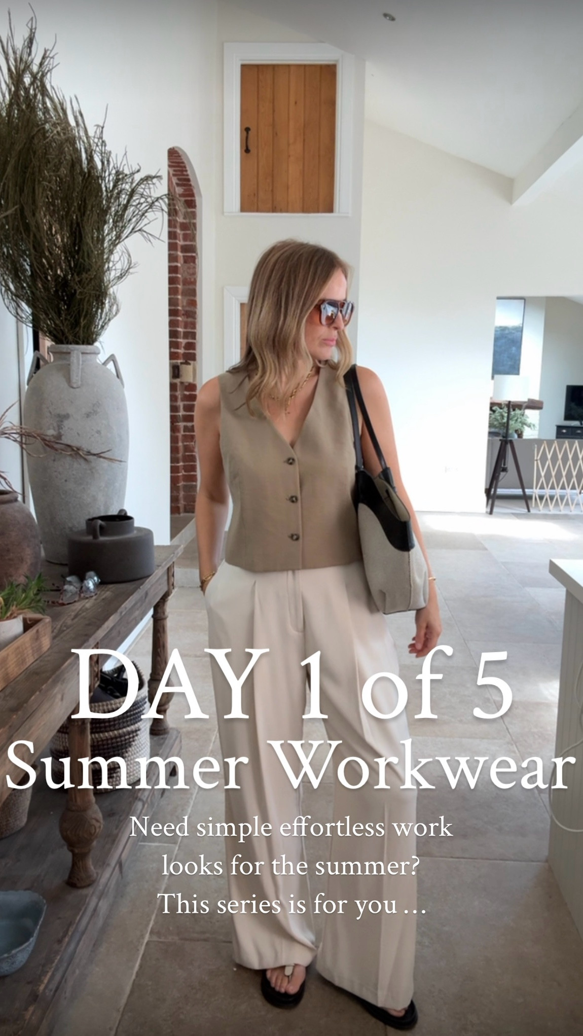 Thank you for all your styling requests — I read as many as I could, and while I didn’t manage to reply to everyone (got a little overwhelmed!), I heard you all and made lots of notes! 
Everyday outfits were popular and summer workwear a close second  — so here we go!

Outfit 1 of 5 in the new summer workwear series.

Affordable, effortless, and stylish …. I hope it helps make your mornings a little easier. 

This is a lovely waistcoat to wear with a tailored wide leg as it sits a little shorter - the fabric has a tencel like appearance and it’s a great price. 
Wearing a U.K. medium 

The trousers are on my recommend list already - a chic pleat front , elasticated wide leg that doesn’t crease too much! Available in 3 lengths. Wearing a U.K. 14 regular 

The bag Is new in and not online yet - I’ve linked some alternatives and I’ll be sure to share when it lands online - it’s such a lovely shape and texture for the price. 

Sandals super comfortable and available in black too. 

Office wear 
Work outfit 
Waistcoat 
Wide leg trousers 

#LTKworkwear #LTKsummer #LTKtravel