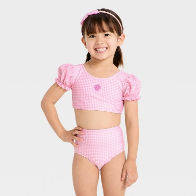 Toddler Girls' 2 pc Gingham Seashell Puff Sleeve Bikini - Cat & Jack™ Pink 2T | Target