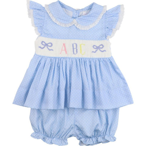 Blue Dot Pique Smocked ABC Bloomer Set | Cecil and Lou