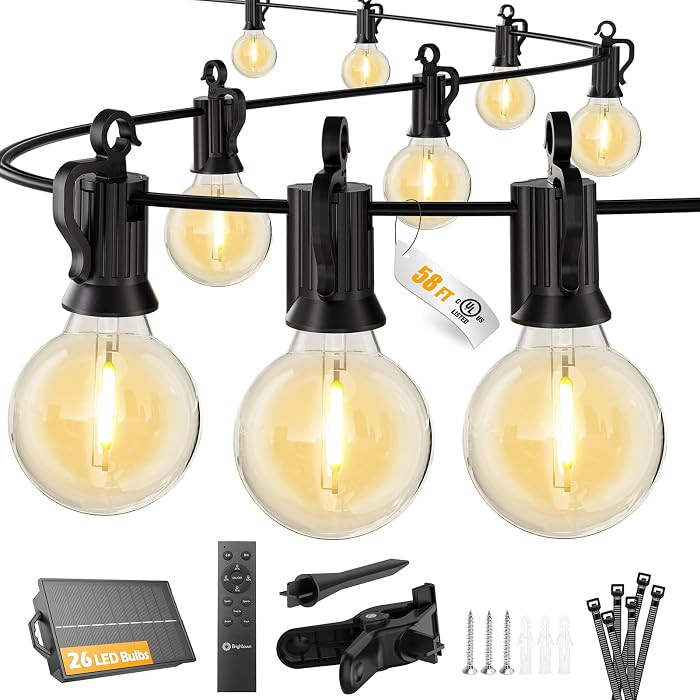 Brightown 58FT 26LED Solar String Lights Outdoor with Remote & USB Port, Shatterproof Bulbs, Dimm... | Amazon (US)