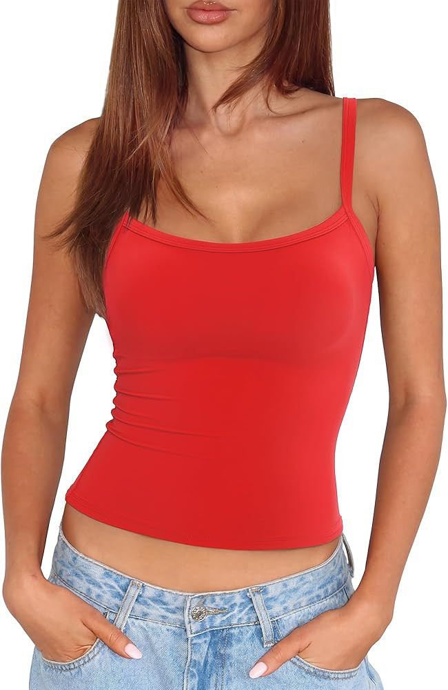 SUUKSESS Women Built in Bra Tank Tops Double Line Going Out Basic Square Neck Camisole Top | Amazon (US)