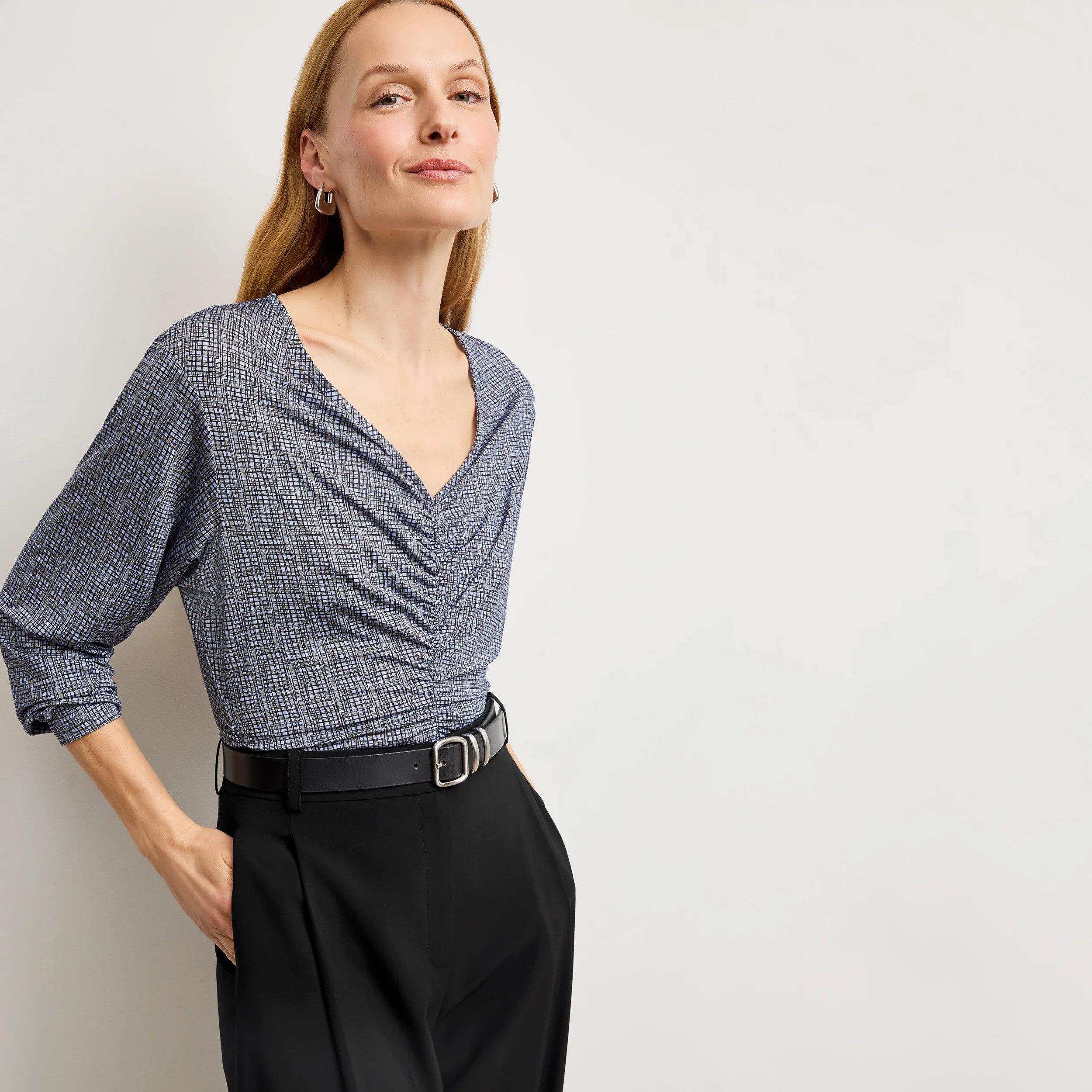 Amina Ruched Top - Printed Jersey :: Blueprint Sketch | MM LaFleur