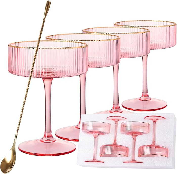 Juego de 4 vasos de Martini rosa con borde dorado, cristalería de cóctel acanalada vintage de 1... | Amazon (US)