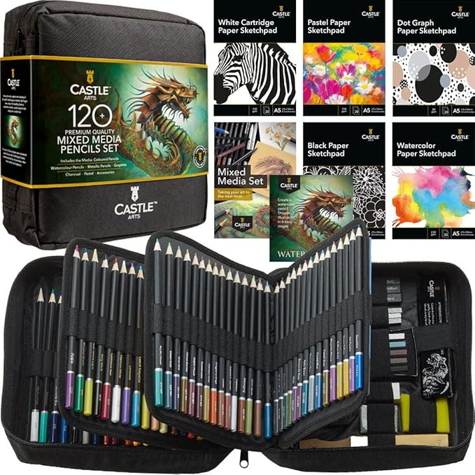 Castle Art Supplies Mixed Media Set | 120+ Art Pencil Collection - Coloured, Watercolour, Pastel,... | Amazon (US)