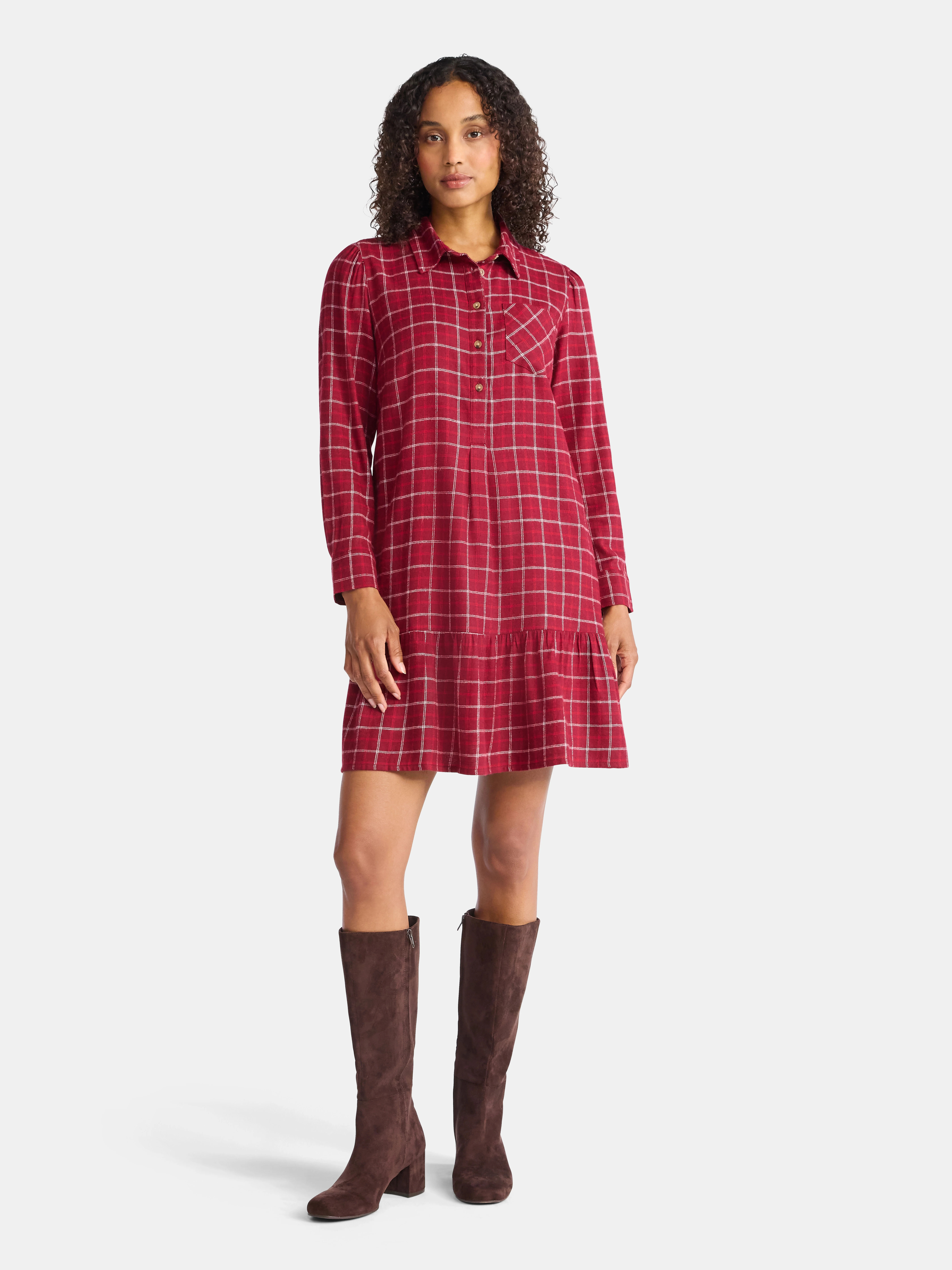 Time and Tru Women's Plaid Mini Dress with Long Sleeves, Sizes XS-XXXL | Walmart (US)