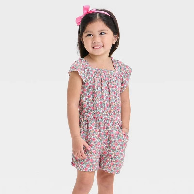 Toddler Girls' Floral Romper - Cat & Jack™ 12M: Lightweight Poplin, Elastic Straps, Crotch Snap | Target