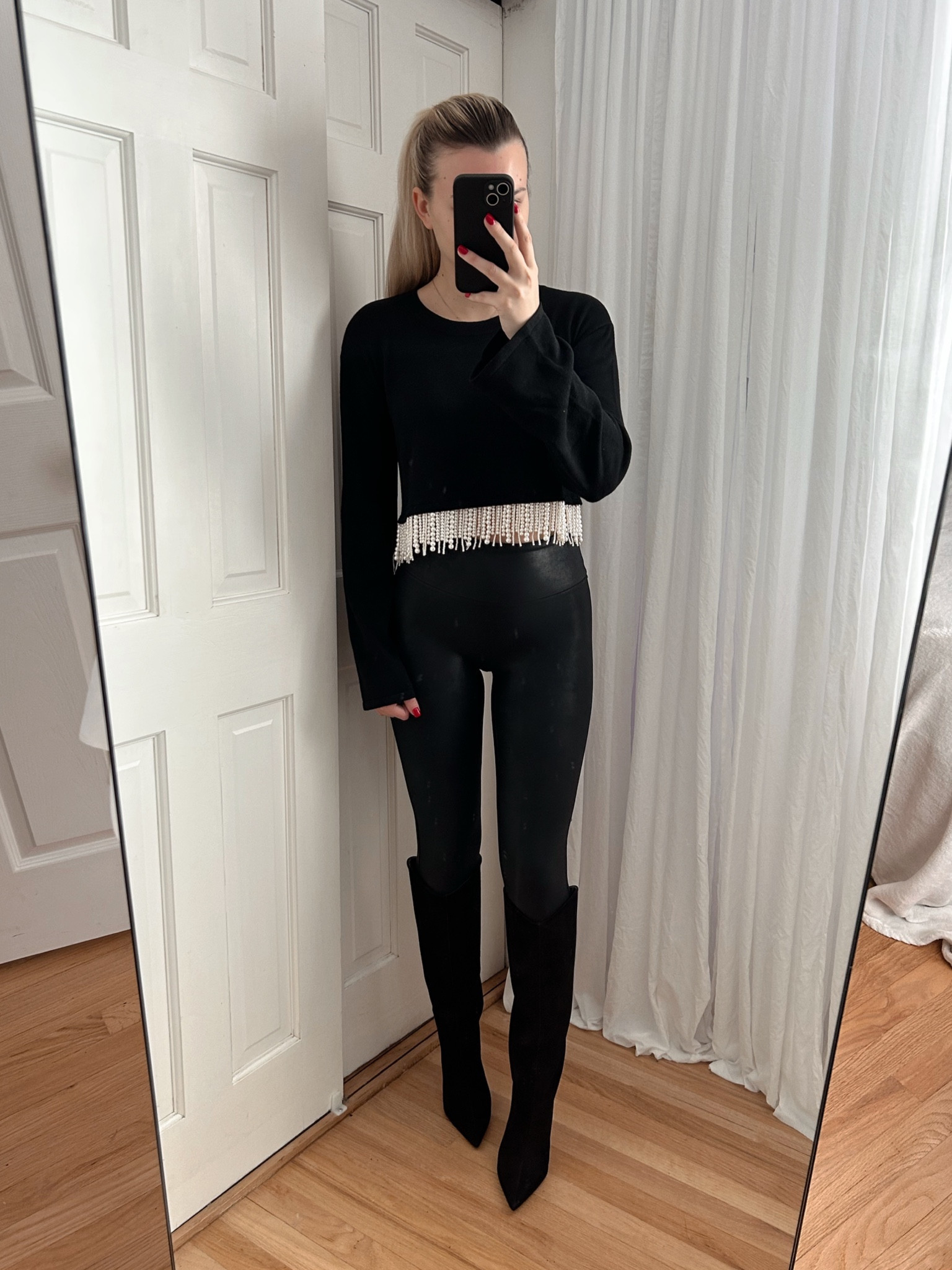 I wear size XS in the top & leggings, I sized up 1/2 size in boots 🖤 New years outfit, New Year’s Eve outfit, dinner outfit, Spanx, revolve, Schutz

#LTKparties #LTKstyletip #LTKHoliday