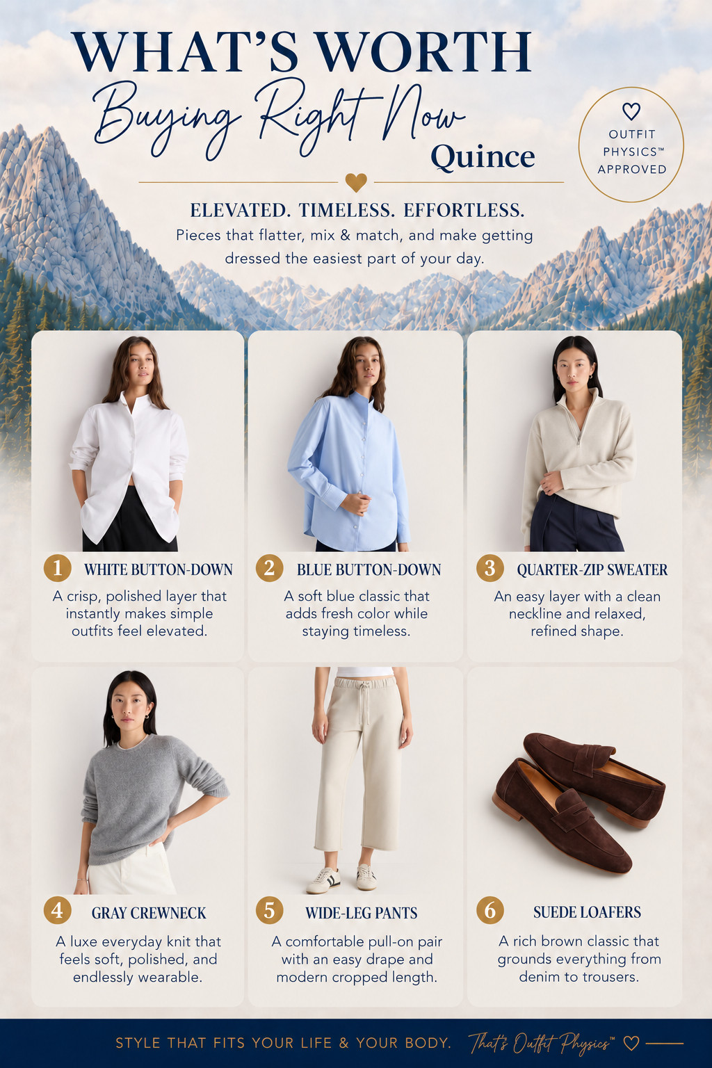  ✨Tap the bell, save and ❤️ start here 40 fashion, midlife style, midsize fashion and luxury looks for less. 

These are the Quince pieces actually worth buying right now. 🤍

Elevated essentials that feel expensive, mix easily, and make getting dressed so much simpler:

• Crisp white button down
• Soft blue button down
• Polished quarter zip
• Luxe gray crewneck
• Comfortable wide leg pants
• Timeless suede loafers

Nothing trendy. Nothing flimsy. Just beautiful staples you’ll wear on repeat.

Save this for the next time your closet needs a refresh. Everything is linked for you. 💗

Same body. Different physics.™

👑 Helping you look good, feel good! — Lindsey Denver 🤍 Check back daily for belly-friendly style, confidence, and Outfit Physics.
 

 #LTKOver40 #LTKMidsize #LTKPlusSize